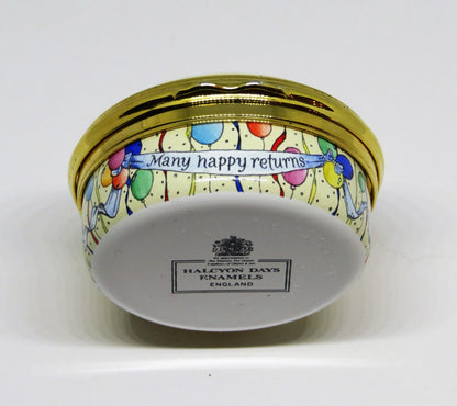 HALCYON DAYS ENAMEL BOX - STRAWBERRY "HAPPY BIRTHDAY" CAKE - CANDLES & BALLOONS