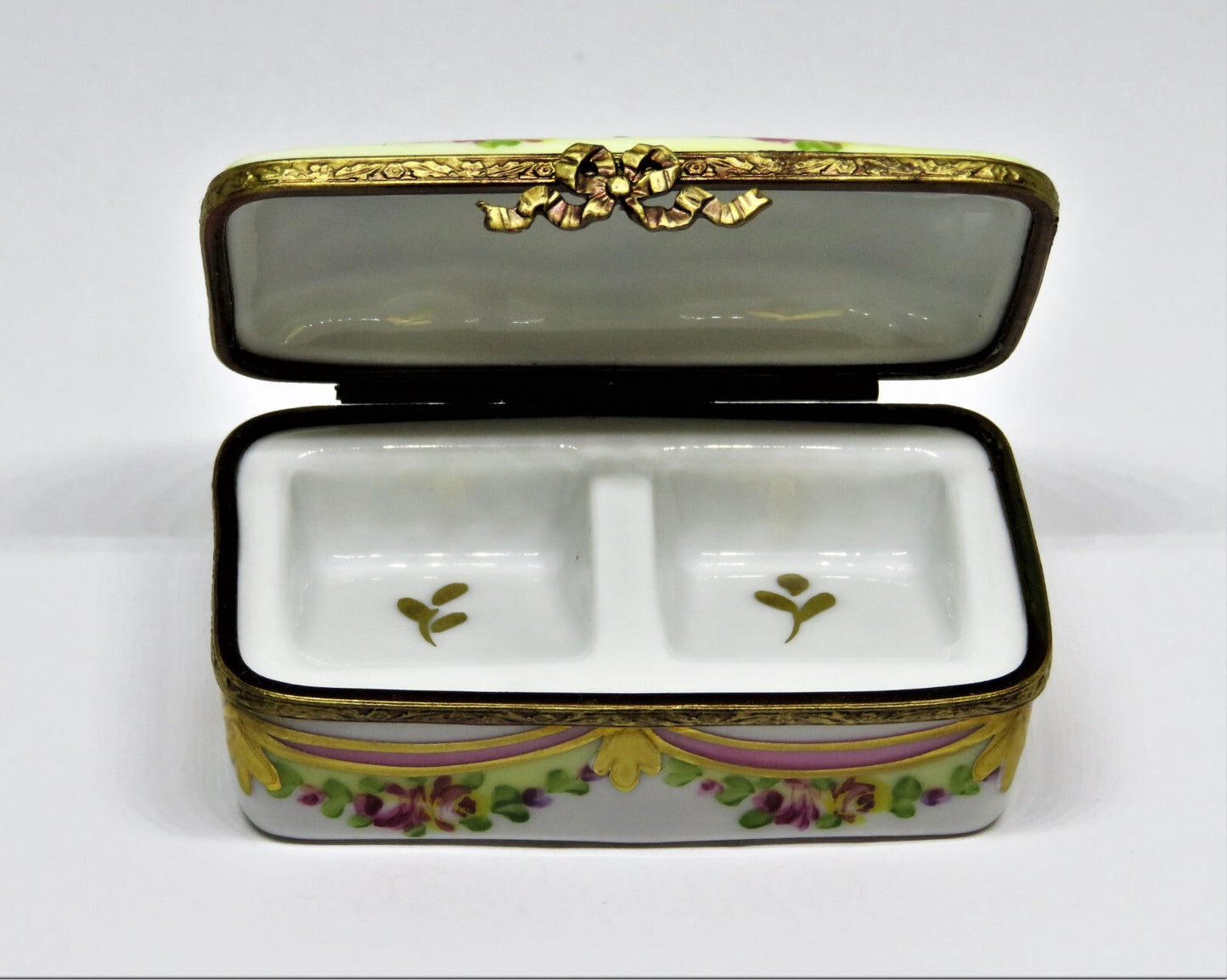 LIMOGES FRANCE BOX - FLORAL STAMP BOX - FLOWERS - ROSES - RIBBONS & TASSELS
