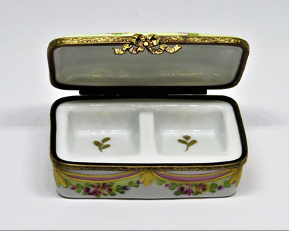 LIMOGES FRANCE BOX - FLORAL STAMP BOX - FLOWERS - ROSES - RIBBONS & TASSELS