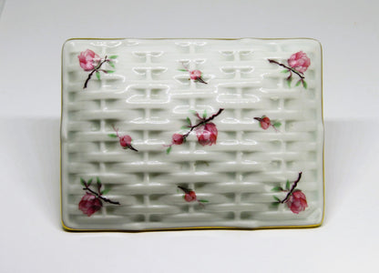 LIMOGES FRANCE TWO PIECE BOX ~ 'WOVEN WICKER' WITH PINK FLOWERS & BUDS