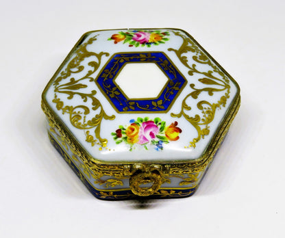 LIMOGES FRANCE HEXAGON BOX - LE TALLEC - FLOWERS & GOLD VINES - ROSES - 1960