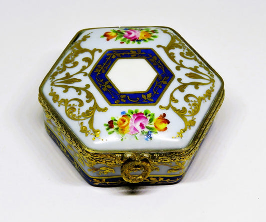 LIMOGES FRANCE HEXAGON BOX - LE TALLEC - FLOWERS & GOLD VINES - ROSES - 1960
