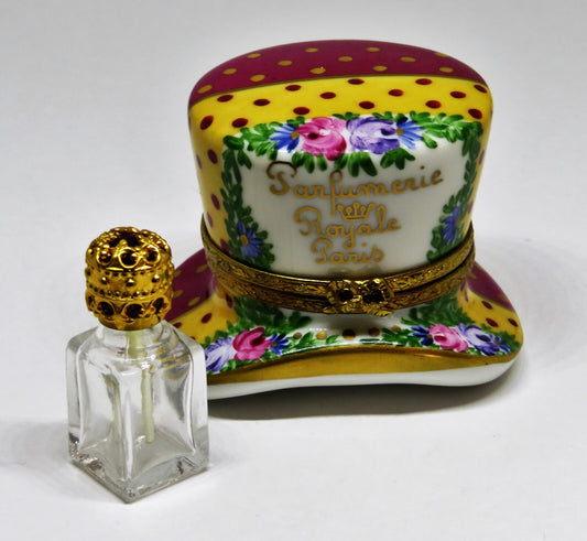LIMOGES FRANCE BOX - PARIS PARFUMERIE HAT & PERFUME BOTTLE - FLOWERS - ROSES
