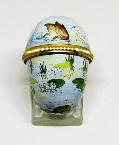 STAFFORDSHIRE ENGLISH ENAMEL BOX -VINTAGE EGG- DUCKS & LILY PADS - WHITE FLOWERS