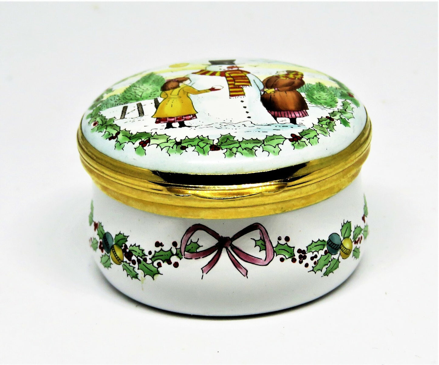CRUMMLES ENAMEL BOX - HARRODS CHRISTMAS 1987 - VICTORIAN SCENE - GIRLS & SNOWMAN