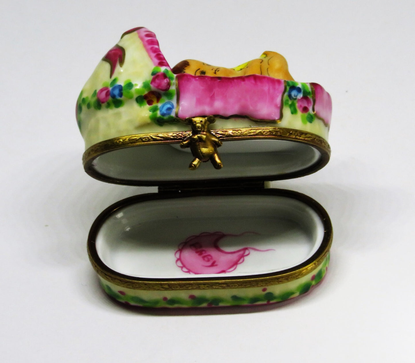 LIMOGES FRANCE BOX - ROCHARD - BABY GIRL IN A BASKET - ROSES & BOW & HEART - BIB