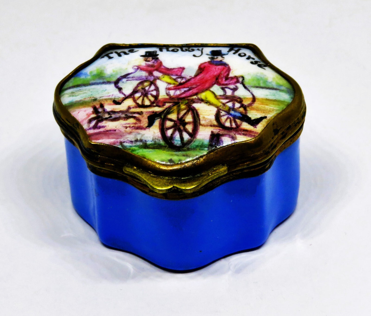 ANTIQUE ENAMEL BOX- 18TH TO 19TH CENTURY - "THE HOBBY HORSE" - MEN ON BICYCLES
