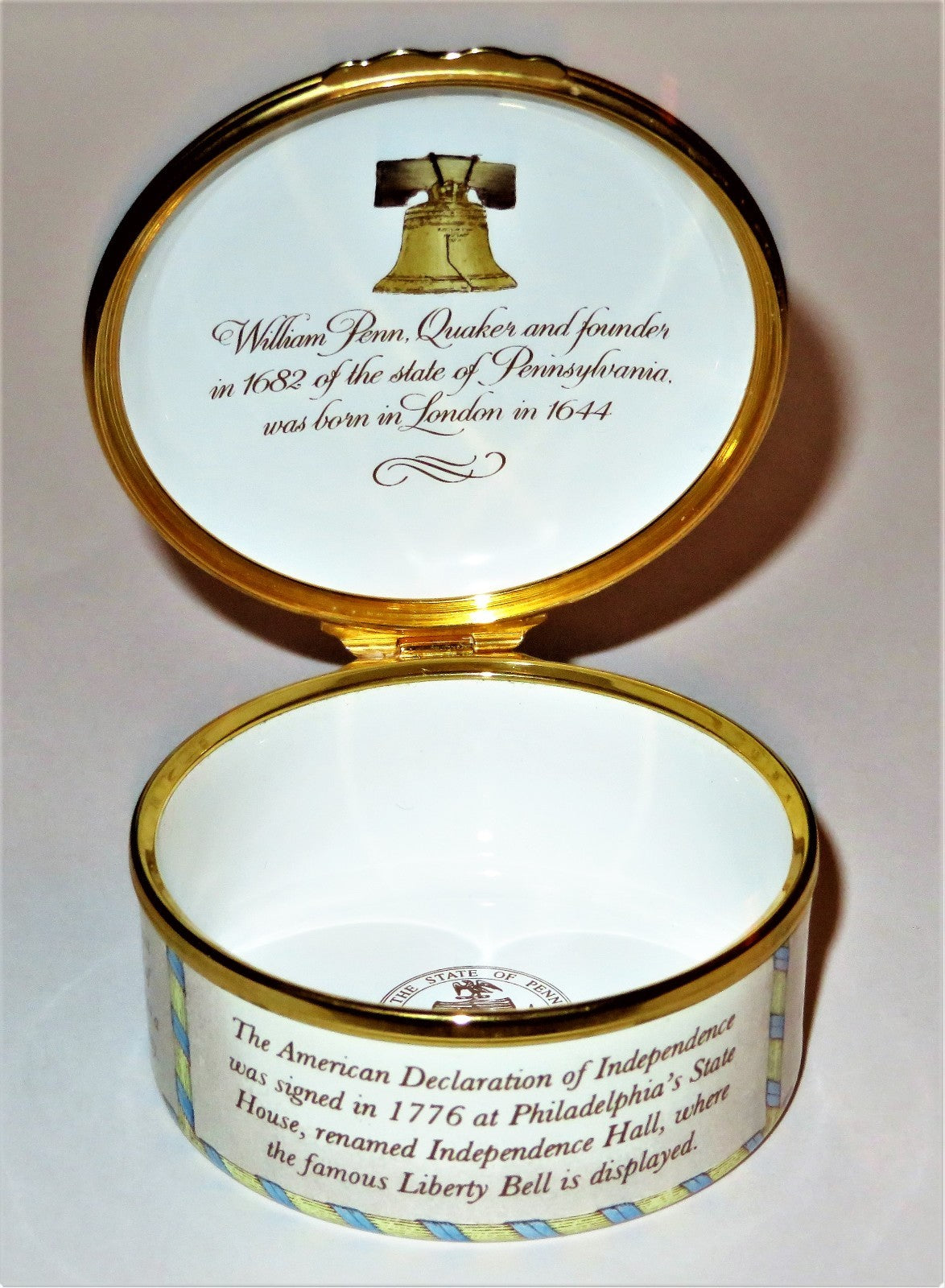 HALCYON DAYS ENAMEL BOX -STATE OF PENNSYLVANIA- INDEPENDENCE HALL - WILLIAM PENN
