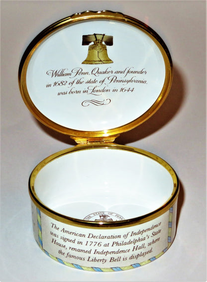 HALCYON DAYS ENAMEL BOX -STATE OF PENNSYLVANIA- INDEPENDENCE HALL - WILLIAM PENN
