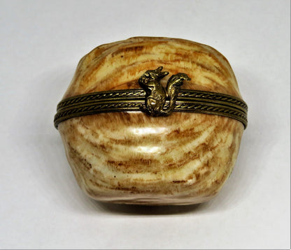 LIMOGES FRANCE BOX - VINTAGE WALNUT SHELL - NUT - SQUIRREL CLASP - BRANCH INSIDE