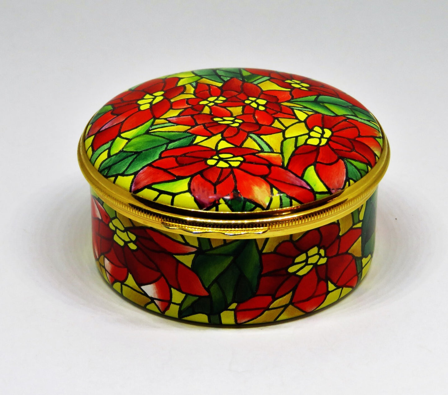 HALCYON DAYS ENAMEL BOX - TIFFANY & CO. - CHRISTMAS - STAINED GLASS POINSETTIAS