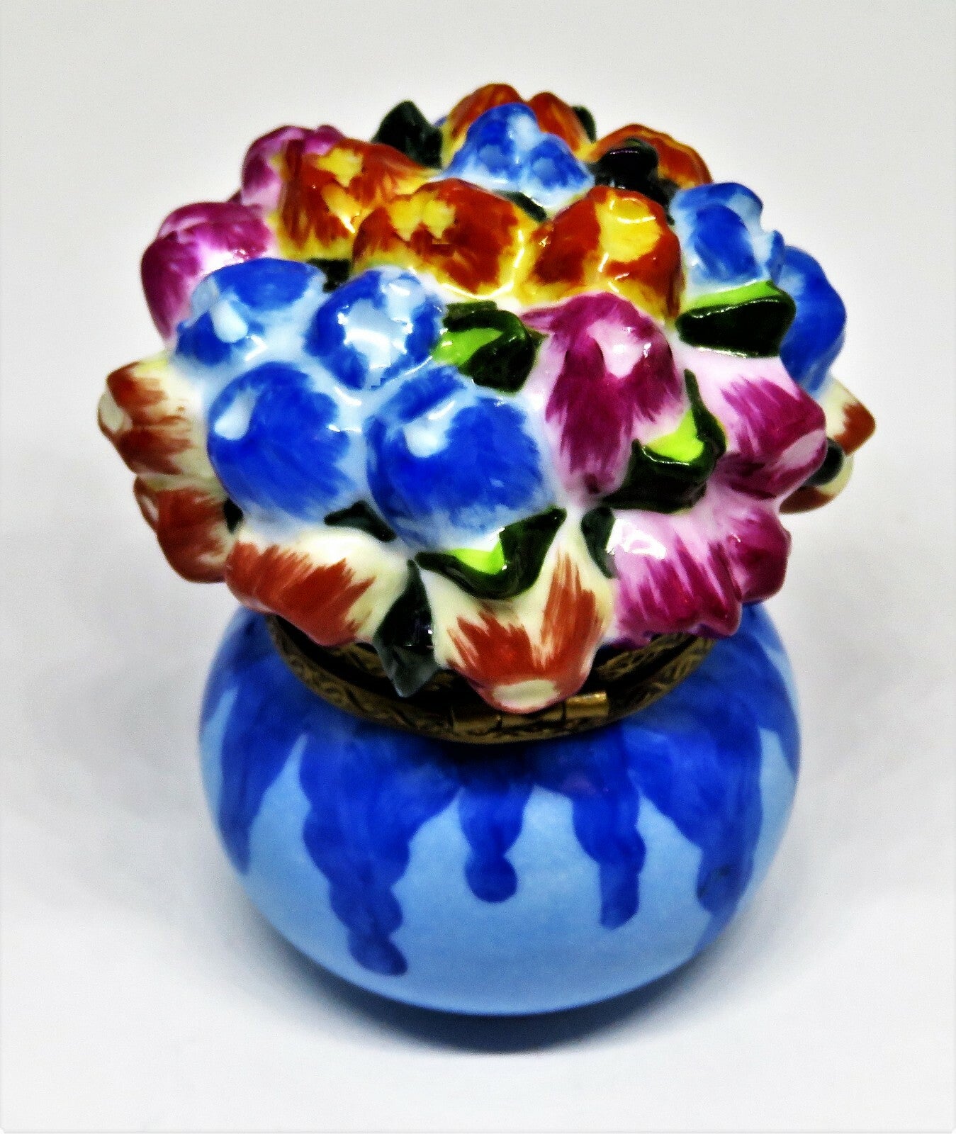 LIMOGES FRANCE BOX - ELDA - BLUE VASE & FLOWERS - BLUE, ORANGE & PINK TULIPS