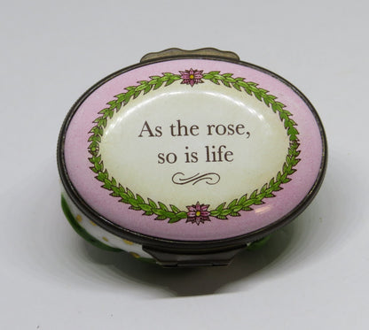 HALCYON DAYS ENGLISH ENAMEL BOX - PINK ROSE BONBONNIERE - ANNIVERSARY - MIB