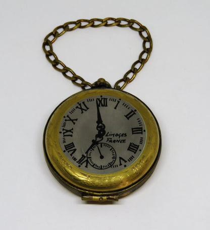 LIMOGES FRANCE BOX - GR - VINTAGE GOLD POCKET WATCH & CHAIN - "ENJOY THE MOMENT"