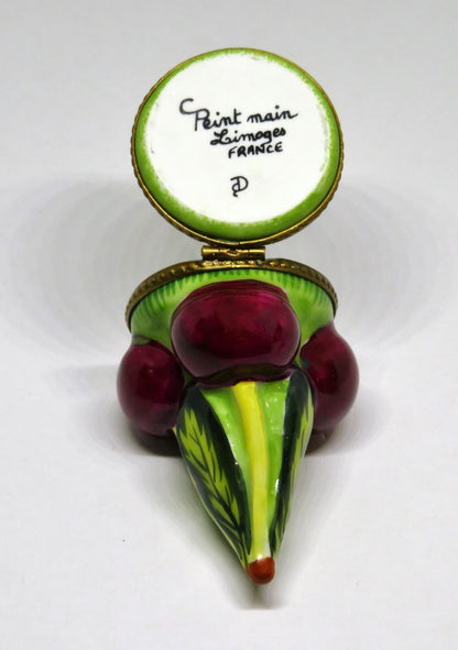 LIMOGES FRANCE BOX - RIPE RED CHERRIES ON A STEM & LEAVES - CHERRY - FRUITS