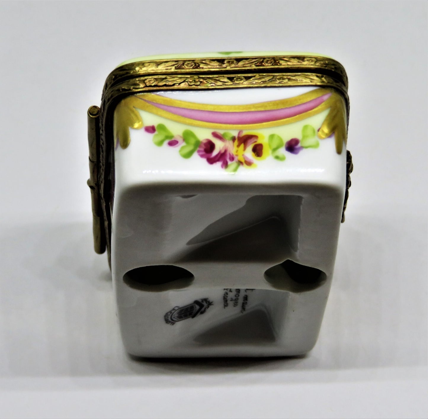LIMOGES FRANCE BOX - FLORAL STAMP BOX - FLOWERS - ROSES - RIBBONS & TASSELS