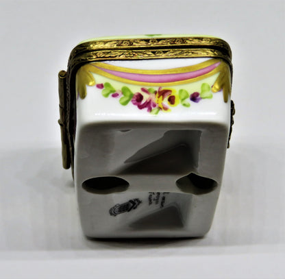 LIMOGES FRANCE BOX - FLORAL STAMP BOX - FLOWERS - ROSES - RIBBONS & TASSELS