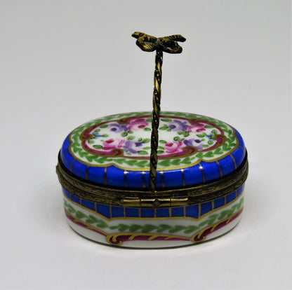 LIMOGES FRANCE BOX-  SEVRES STYLE FLORAL BASKET - FLOWERS - ROSES - FLOWER CLASP