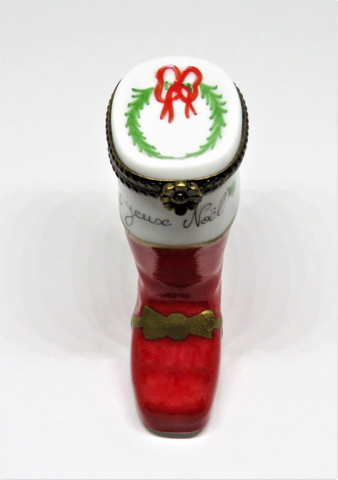LIMOGES FRANCE BOX -CHRISTMAS- SANTA CLAUS BOOT - HOLLY & WREATH & "JOYEUX NOEL"