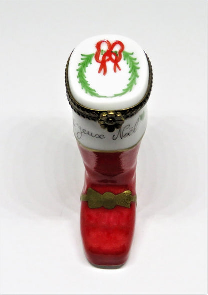 LIMOGES FRANCE BOX -CHRISTMAS- SANTA CLAUS BOOT - HOLLY & WREATH & "JOYEUX NOEL"