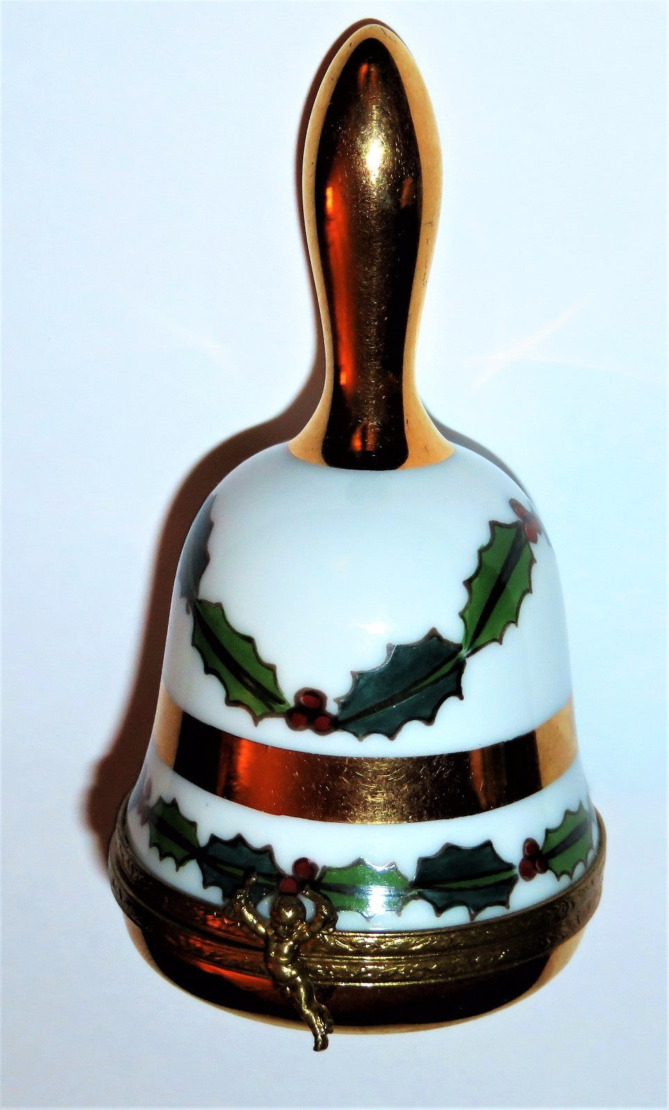 LIMOGES FRANCE BOX~ GOLD & WHITE CHRISTMAS BELL & HOLLY ~ANGEL CLASP~ PEINT MAIN