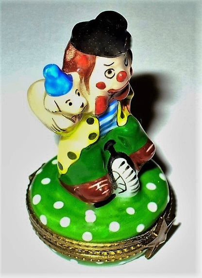LIMOGES FRANCE BOX- CIRCUS CLOWN RIDING A UNICYCLE & DOG -POLKA DOTS- STAR CLASP