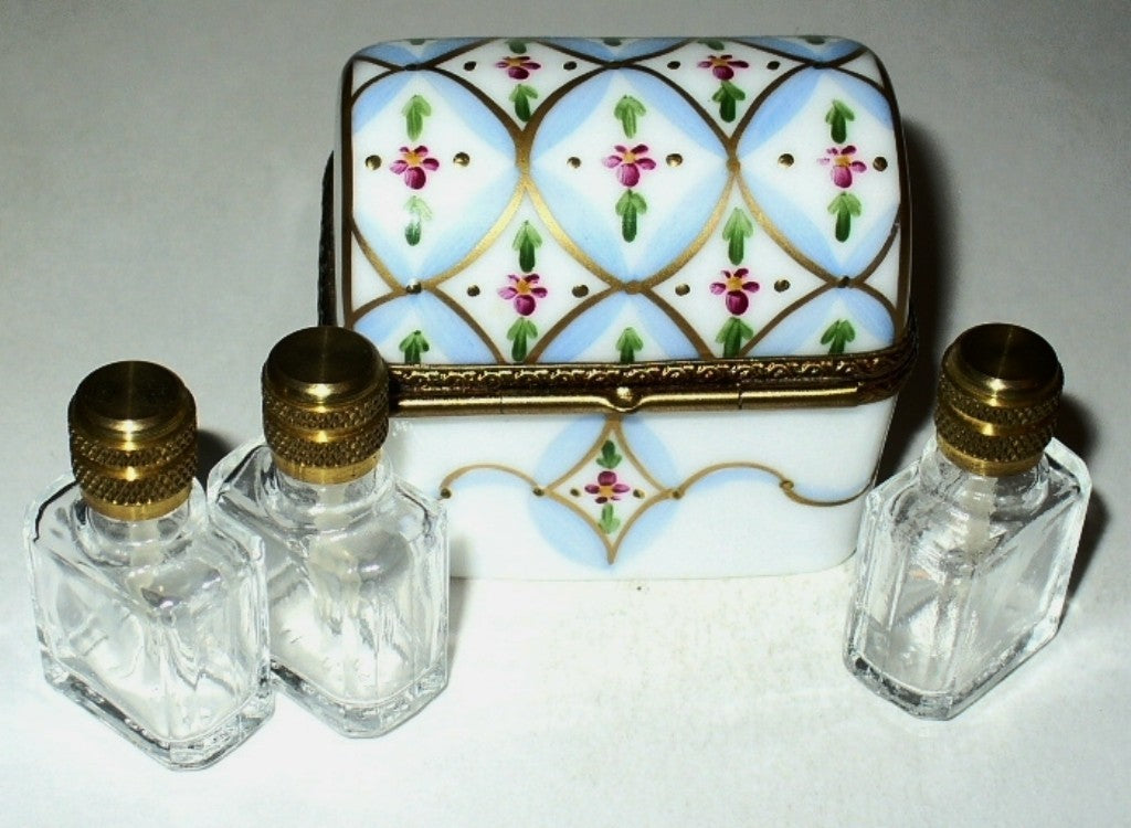 LIMOGES FRANCE BOX~ DUBARRY ~ CHEST & 3  PERFUME BOTTLES ~ FLOWERS ~ PEINT MAIN