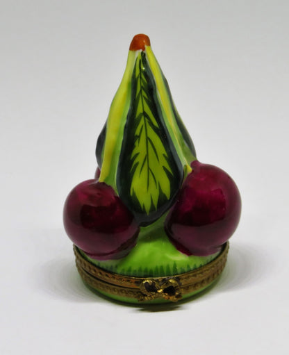 LIMOGES FRANCE BOX - RIPE RED CHERRIES ON A STEM & LEAVES - CHERRY - FRUITS