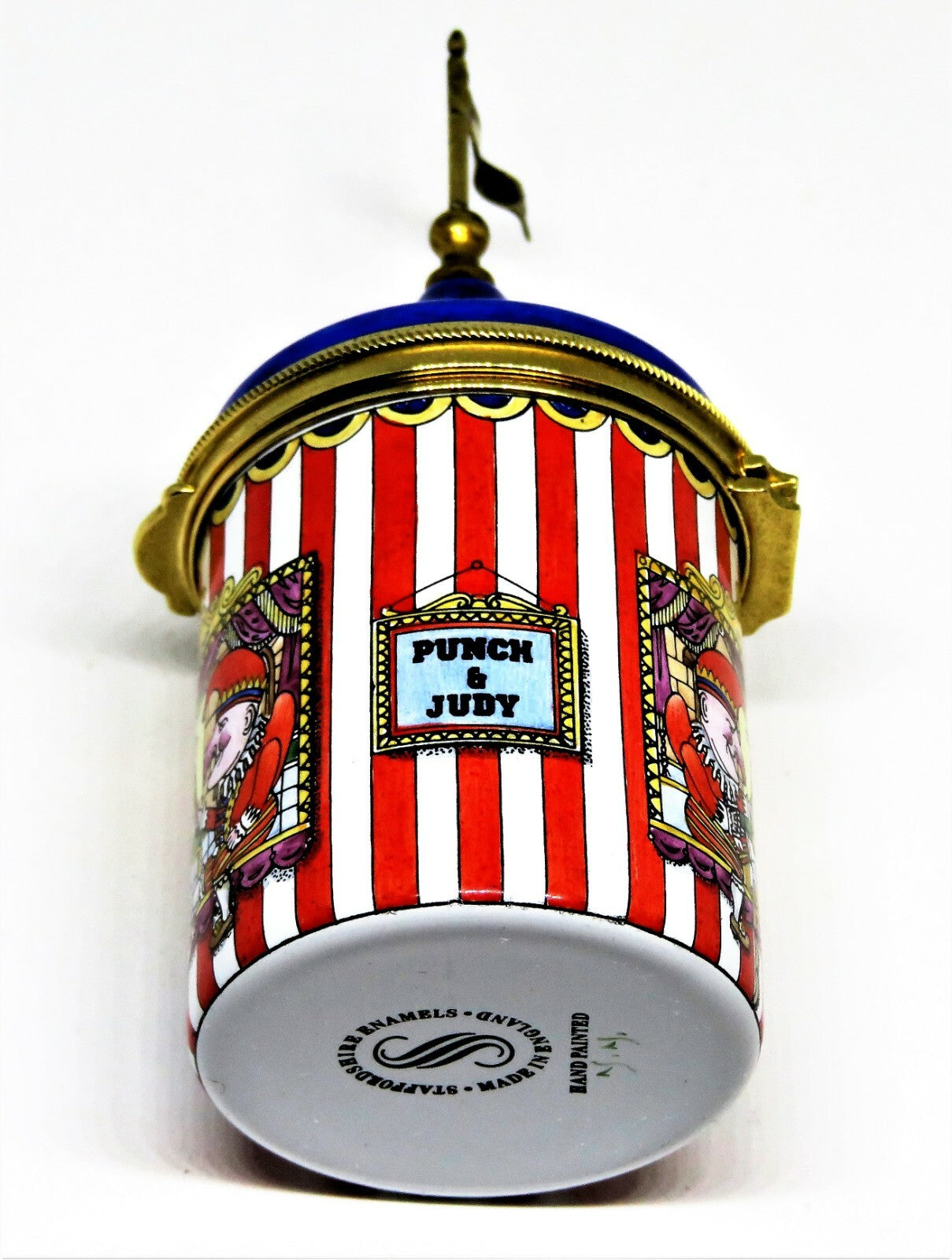 STAFFORDSHIRE ENGLISH ENAMELS BOX - STRIPED TENT WITH PUNCH & JUDY PUPPET SHOW