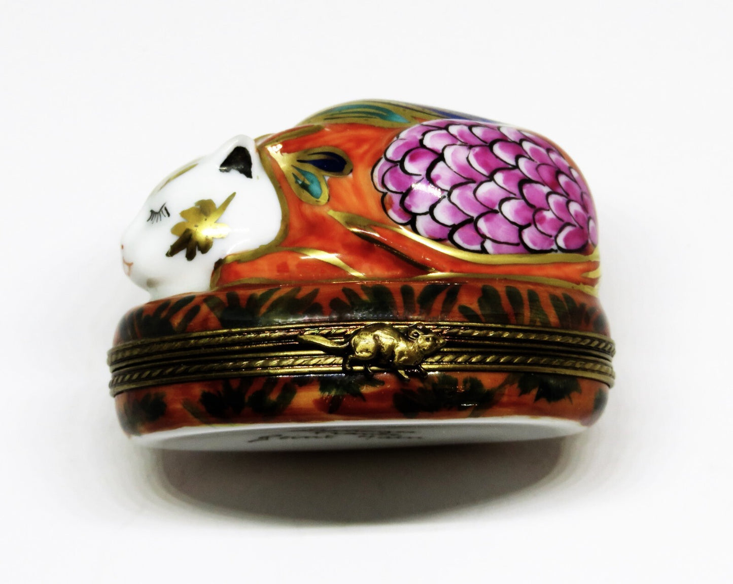 LIMOGES FRANCE BOX - SLEEPING ASIAN CAT -FLORAL CROUCHING KITTY- FLOWERS - MOUSE