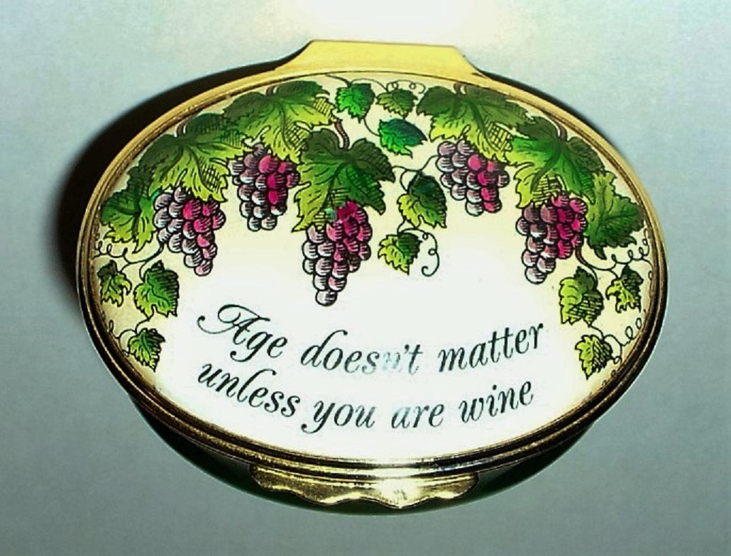 HALCYON DAYS ENAMEL BOX- GUMP'S - AGE DOESN'T MATTER UNLESS YOU'RE WINE - GRAPES