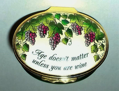 HALCYON DAYS ENAMEL BOX- GUMP'S - AGE DOESN'T MATTER UNLESS YOU'RE WINE - GRAPES