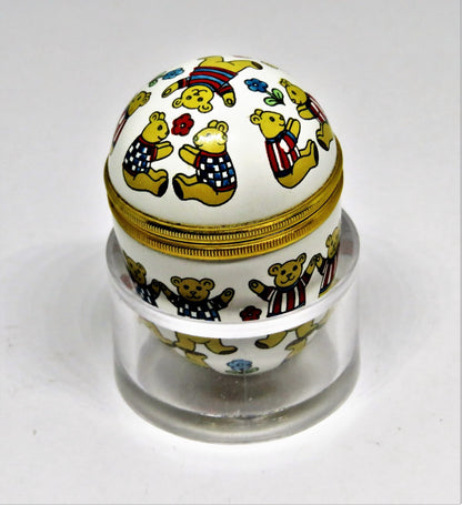 HALCYON DAYS ENAMEL BOX - EGG WITH TEDDY BEARS IN T-SHIRTS - FLOWERS
