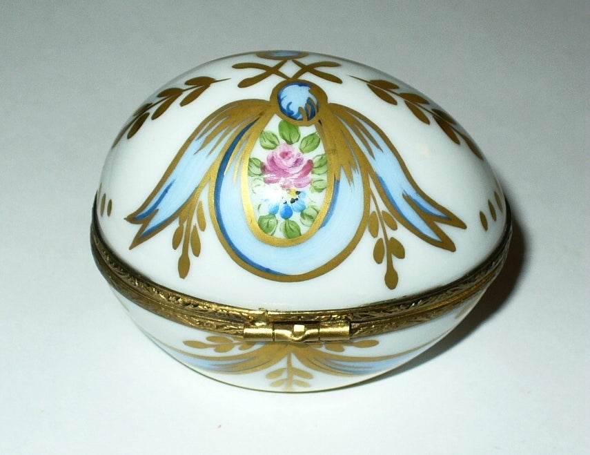 LIMOGES FRANCE BOX - FLORAL EGG - PINK ROSES & RIBBONS & PERFUME BOTTLE  - GR