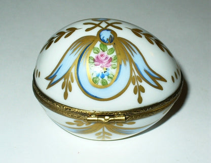 LIMOGES FRANCE BOX - FLORAL EGG - PINK ROSES & RIBBONS & PERFUME BOTTLE  - GR