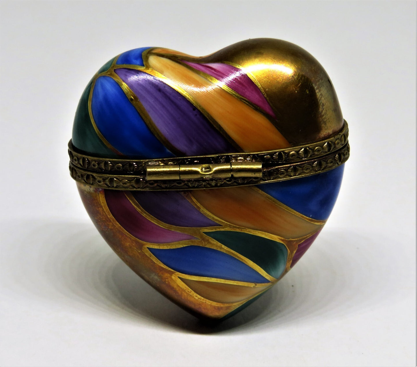 LIMOGES BOX ~ ROCHARD ~ VINTAGE MOSAIC LEAF HEART ~ SIGNED "MC" - ANNIVERSARY