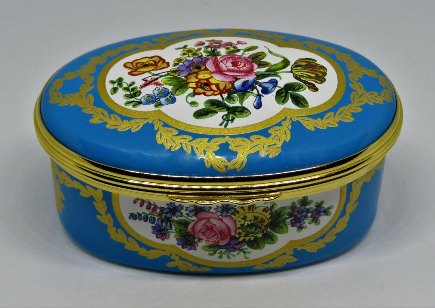 HALCYON DAYS ENGLISH ENAMEL BOX - FLORAL - SEVRES PORCELAIN PLAQUE 1780 - MIB