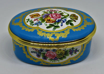 HALCYON DAYS ENGLISH ENAMEL BOX - FLORAL - SEVRES PORCELAIN PLAQUE 1780 - MIB