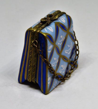 LIMOGES FRANCE BOX - PARRY-VIEILLE - TWO TONE BLUE PURSE & CHAIN - WHITE ROSES