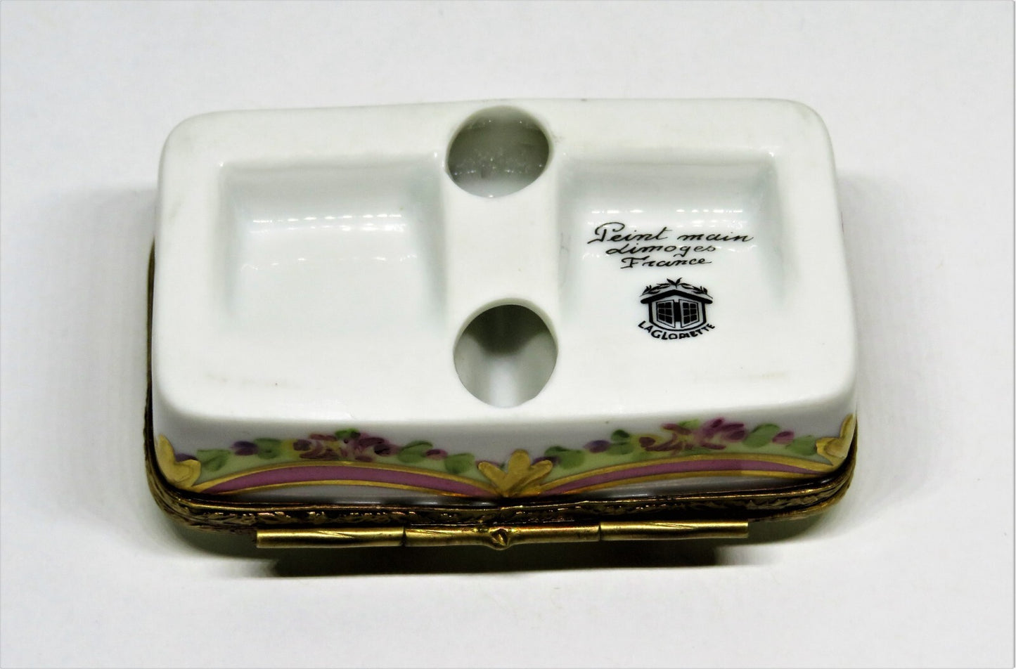 LIMOGES FRANCE BOX - FLORAL STAMP BOX - FLOWERS - ROSES - RIBBONS & TASSELS