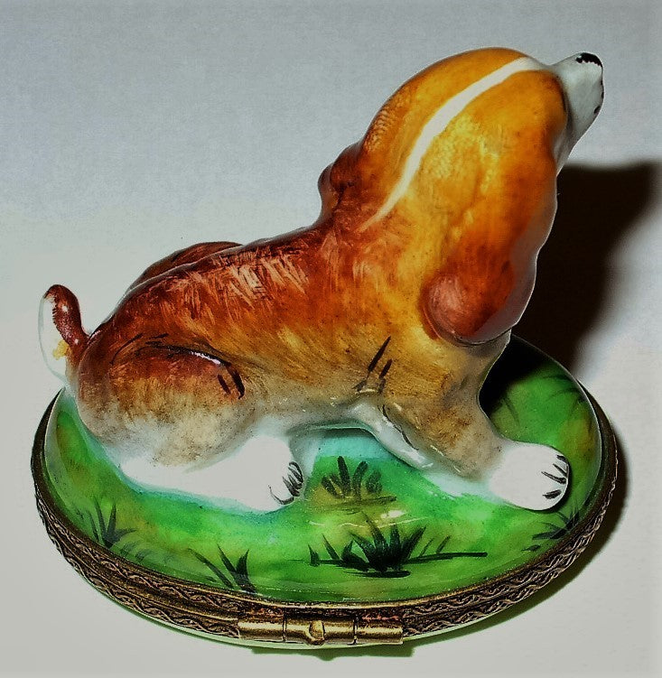 LIMOGES FRANCE BOX - PARRY-VIEILLE - COCKER SPANIEL - PUPPY - DOG HOUSE INSIDE