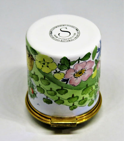 STAFFORDSHIRE ENAMELS STAMP BOX - FRUIT ORCHARD & BEE HIVES - FLOWERS & TREES