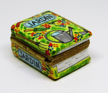 LIMOGES FRANCE BOX -LIMOGES IMPORTS- GARDENING BOOK & TOOLS - FLOWERS - "JARDIN"