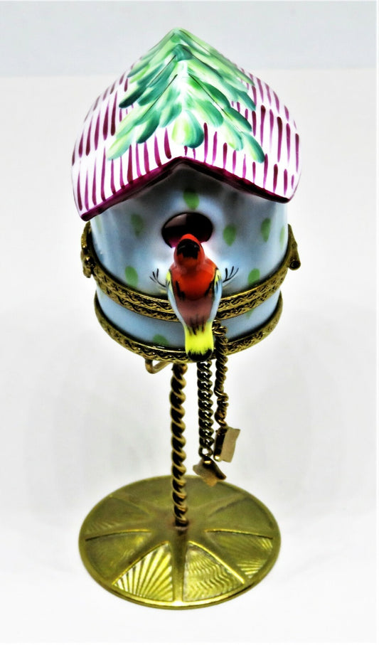 LIMOGES FRANCE BOX- LIMOGES IMPORTS - BIRD HOUSE & METAL STAND - ACORNS & LEAVES