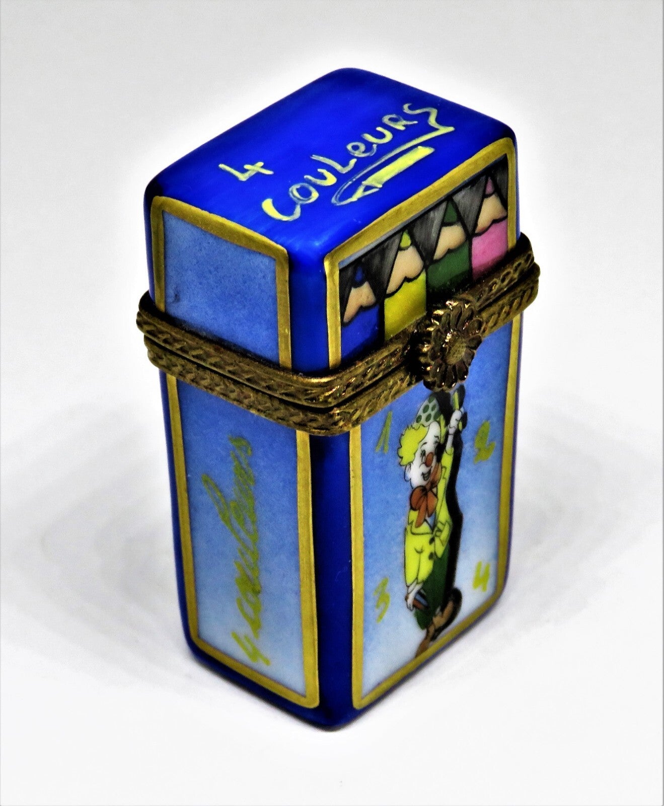 LIMOGES BOX OF CRAYONS -GR- 4 REMOVABLE COLORED PENCILS -SCHOOL- CLOWN & FLOWERS
