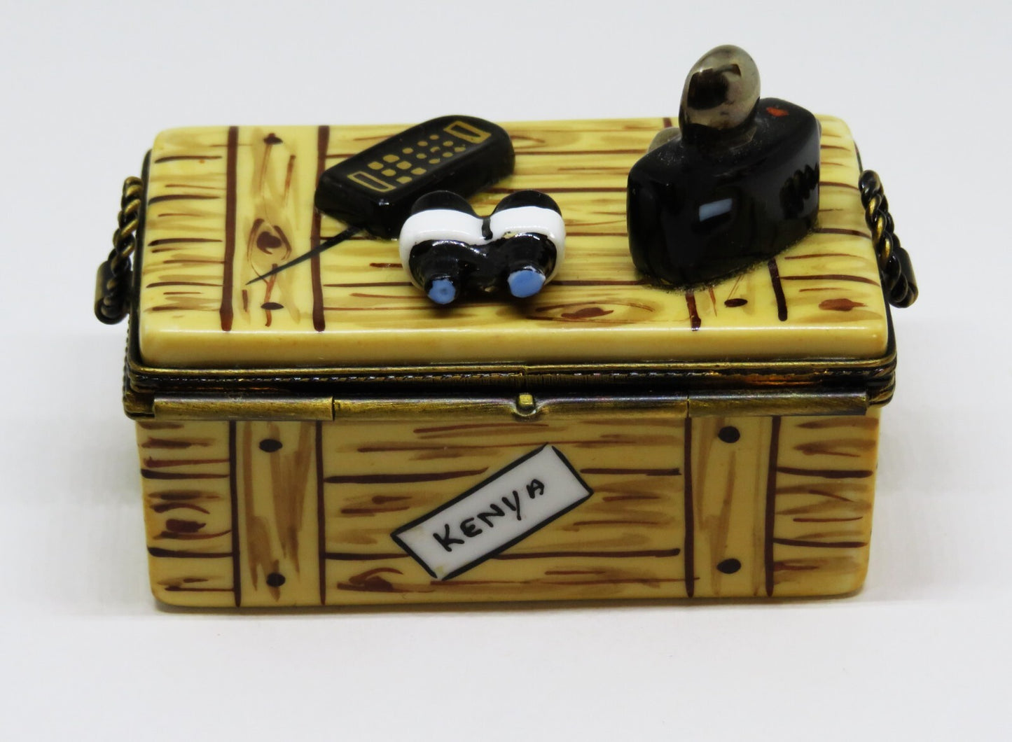 LIMOGES BOX - EXIMIOUS - AFRICAN SAFARI TRAVEL TRUNK - CAMERA & MAP & BINOCULARS