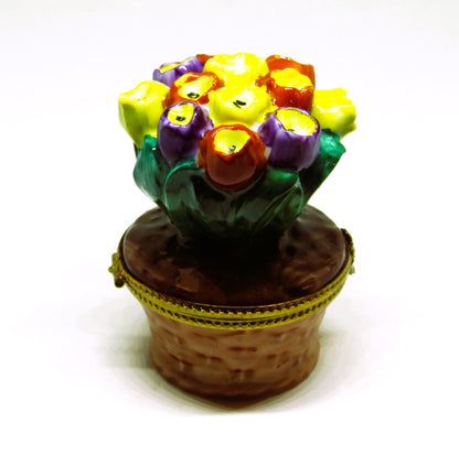 LIMOGES BOX ~ ROCHARD ~ VINTAGE BASKET OF TULIPS ~ FLOWERS ~ HAND PAINTED