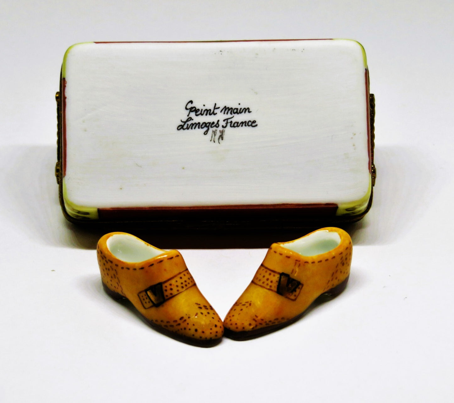LIMOGES FRANCE BOX - SHOE BOX & DISPLAY RACK & PAIR OF MEN'S SHOES - SHOE HORN