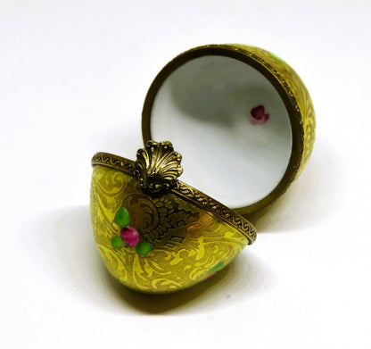 LIMOGES FRANCE BOX -DUMONT- VINTAGE GOLD INCRUSTATION EGG & PINK ROSES - FLOWERS