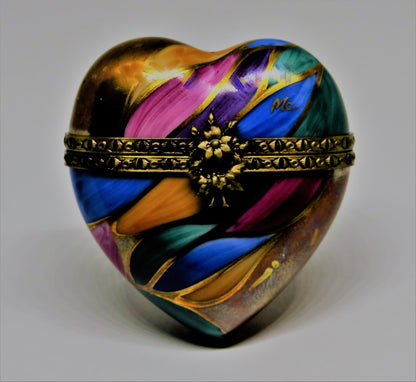 LIMOGES BOX ~ ROCHARD ~ VINTAGE MOSAIC LEAF HEART ~ SIGNED "MC" - ANNIVERSARY